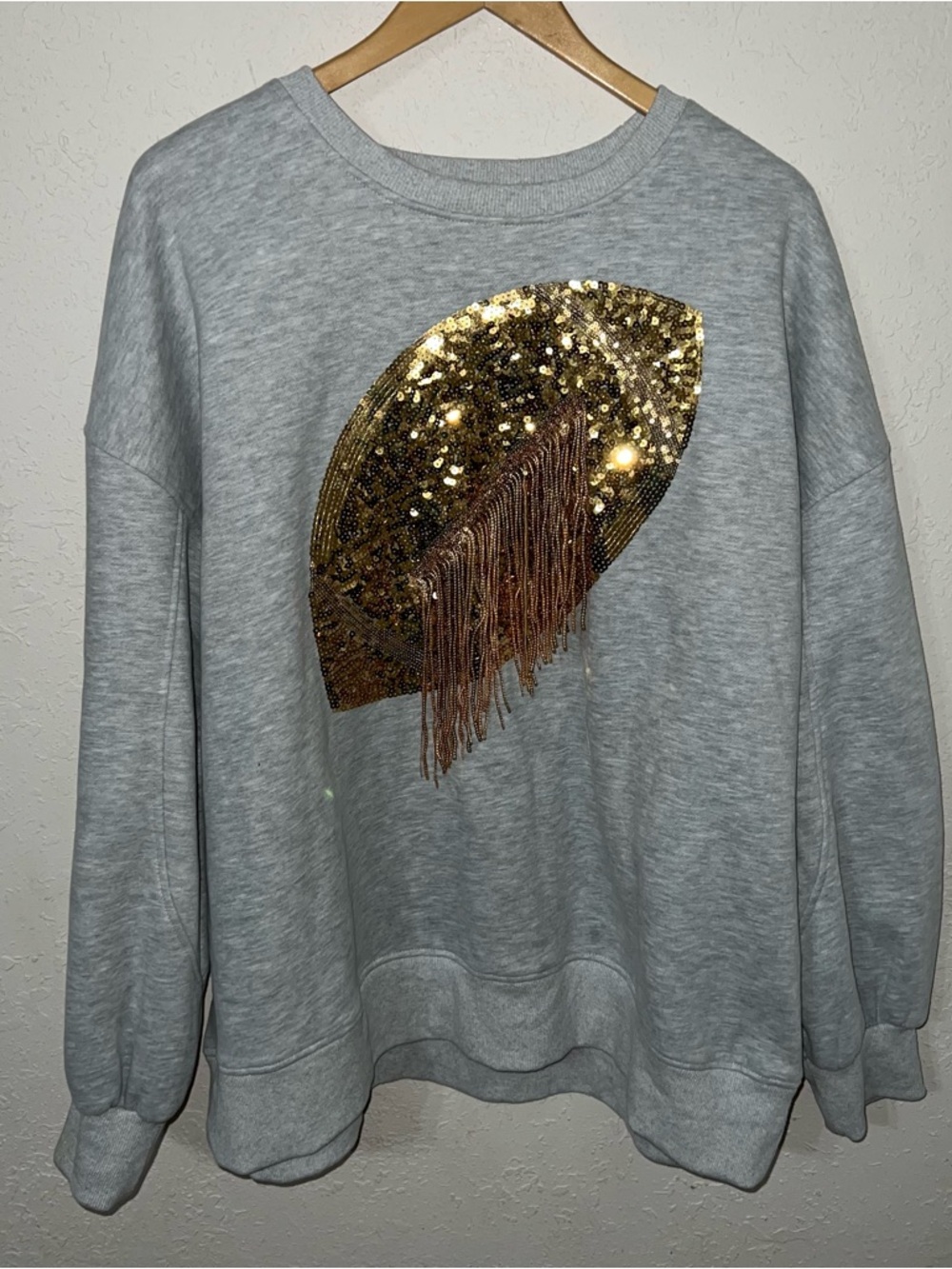 Live Love Gameday Gold Sequin Fringe Football Pullover Gray Sweatshirt Size XL.